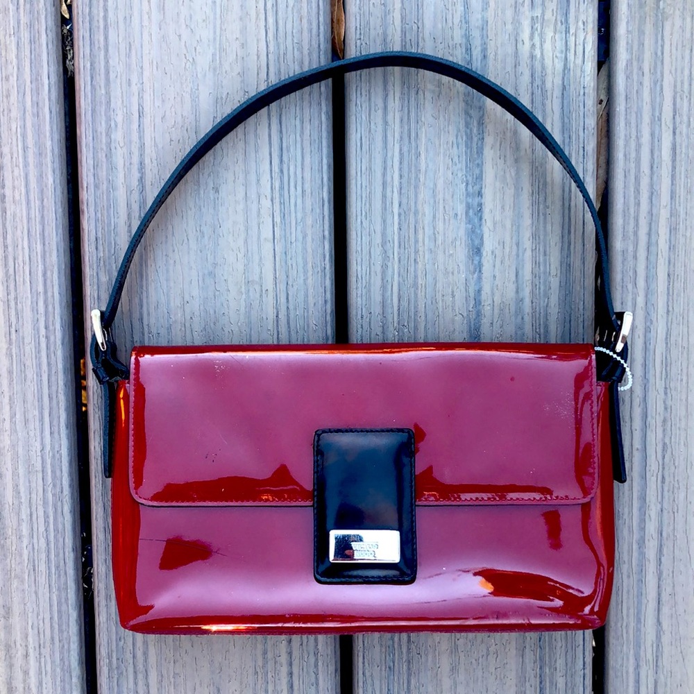 Victor Hugo small red black shiny PVC purse handbag shoulder bag silver hardware